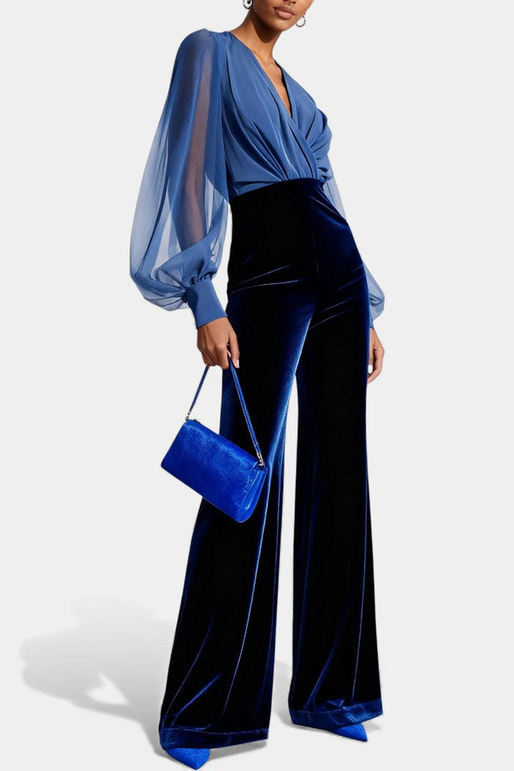 Velvet Jumpsuit for Women - V-Neck Long Sleeve Blue Formal Jumpsuit