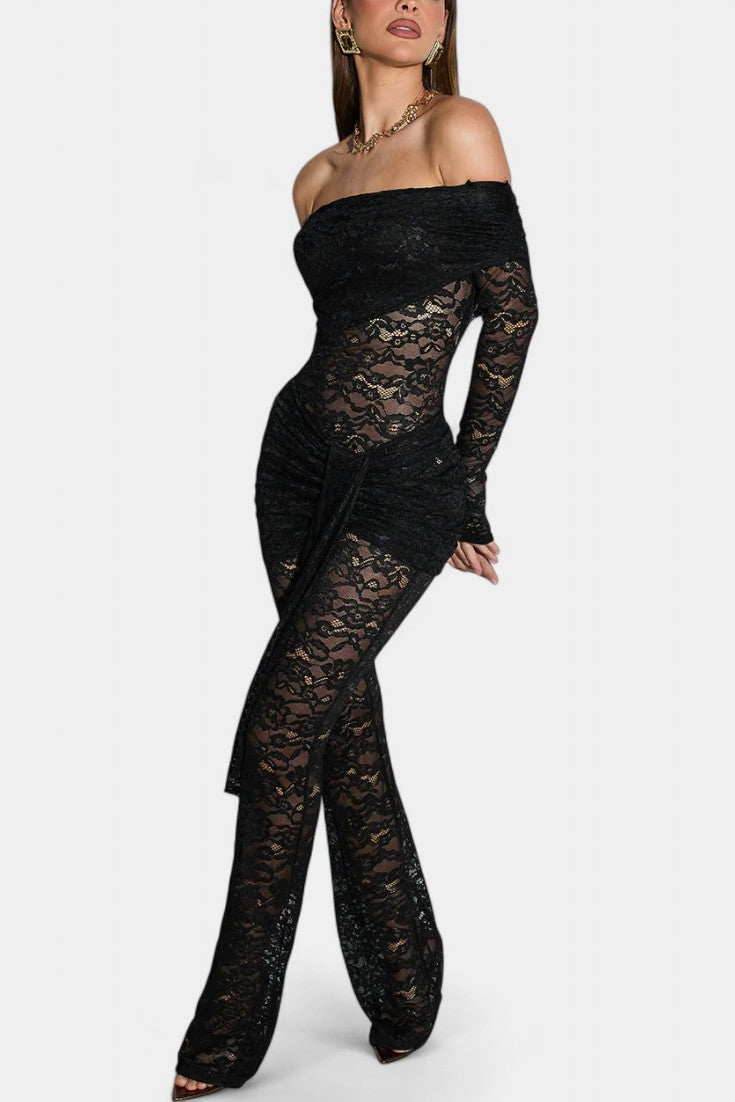 Lace Bardot Top and Ruffled Mini Skirt Set for Women