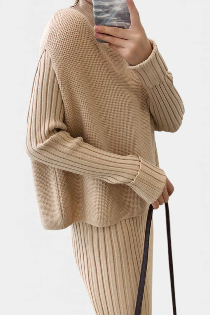 Two Piece Knit Set for Women - Long Sleeve Top and Midi Skirt