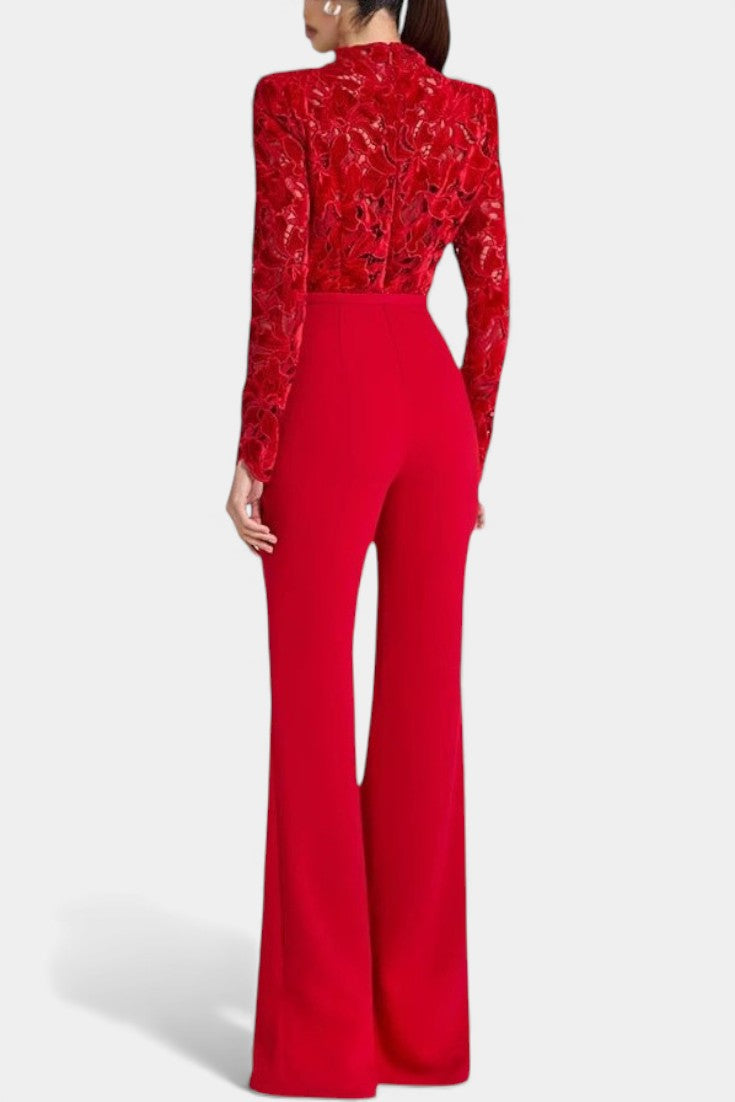 High Neck Lace Jumpsuit - Elegant Long Sleeve Formal Jumpsuit