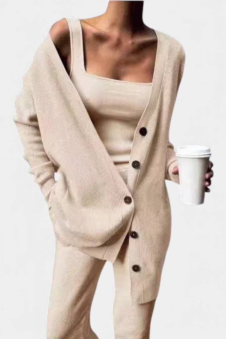 Cozy Knit Three Piece Set - Cardigan Top and Pants Lounge Set