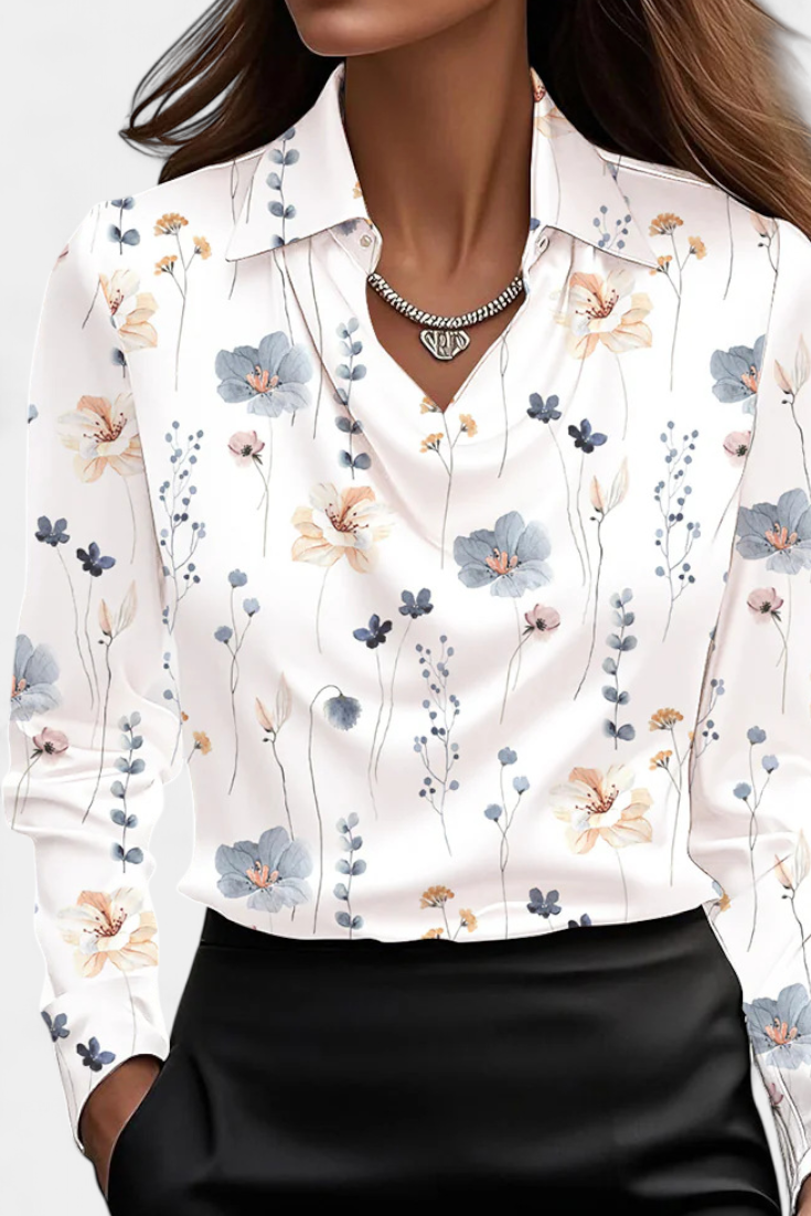 Satin Blouse with Cascade Neckline for Women - Elegant Workwear