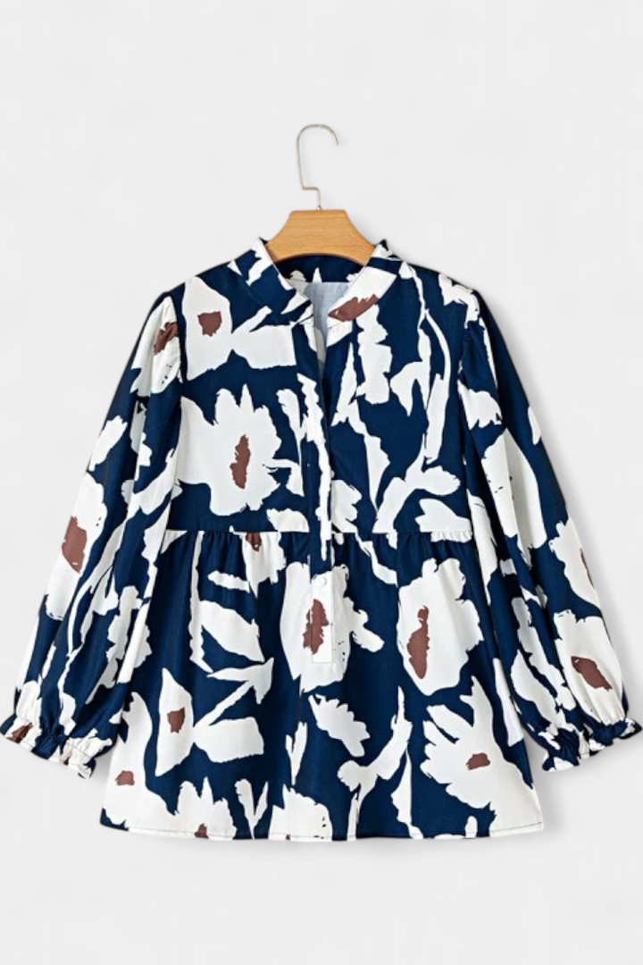 Puff Sleeve Blouse with Abstract Floral Print - Relaxed Fit Top