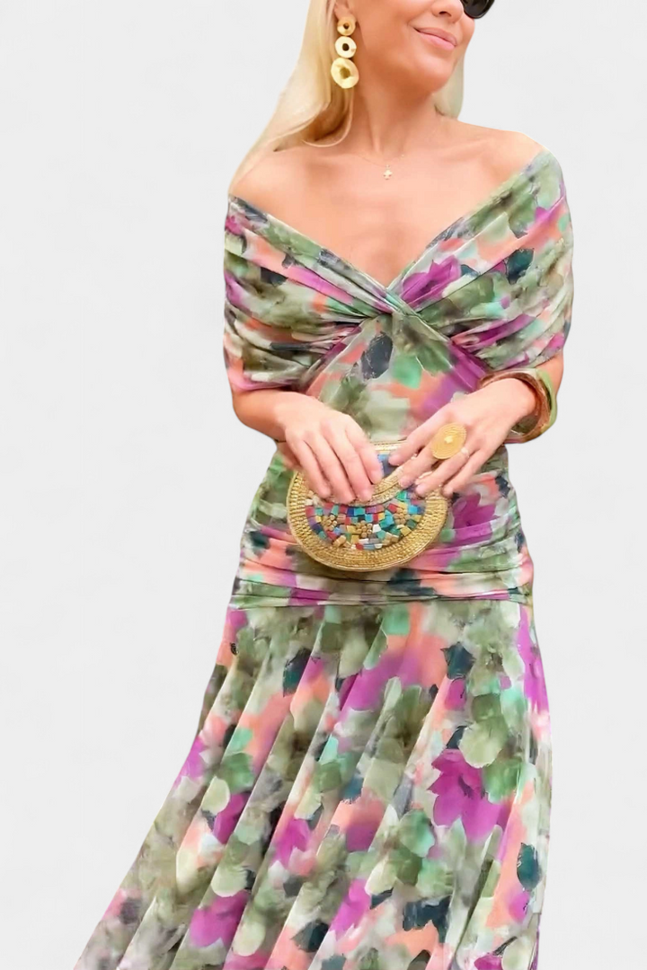 Floral V-Neck Maxi Dress with Pleated Waist - Long Sleeve