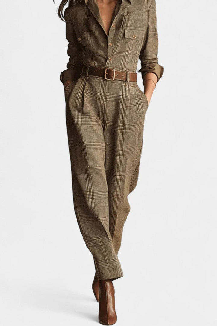 Brown Checkered Tweed Jumpsuit With Belt - Elegant Wide Leg