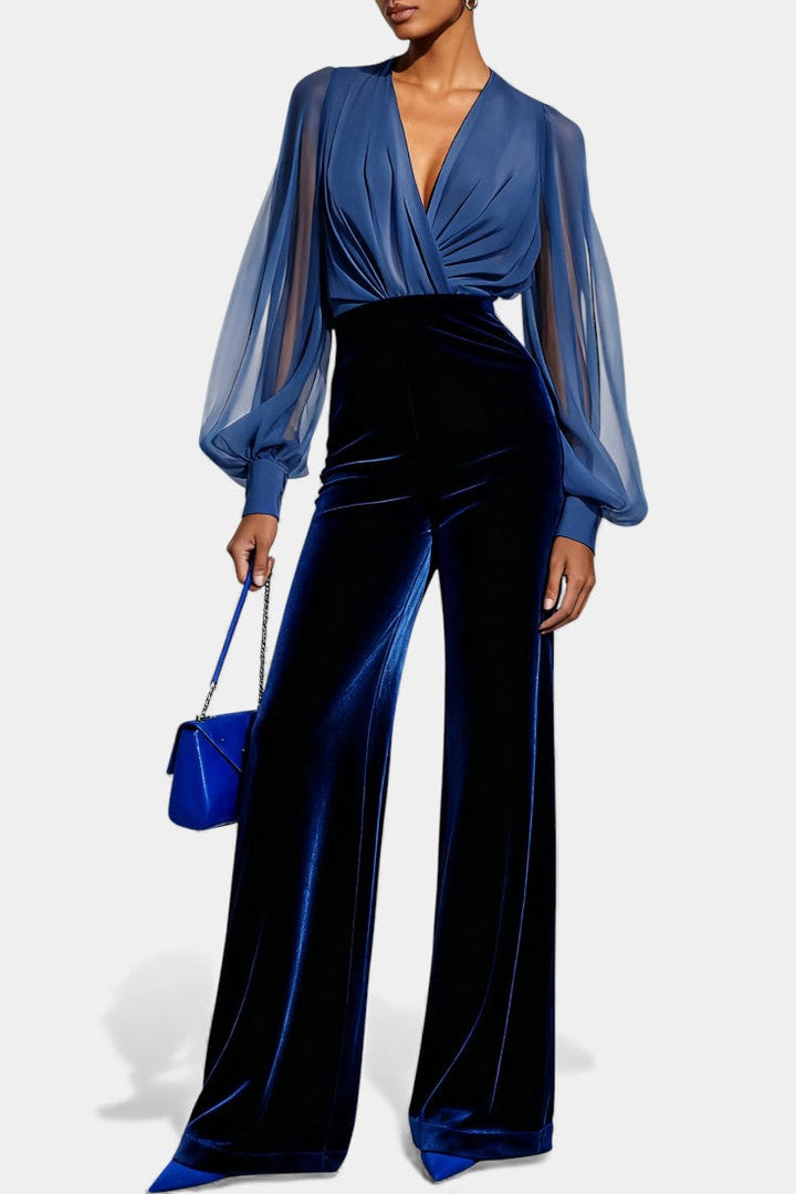 Velvet Jumpsuit for Women - V-Neck Long Sleeve Blue Formal Jumpsuit