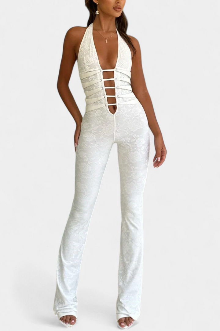 Floral Lace Halter Jumpsuit with Open Back and Flared Leg