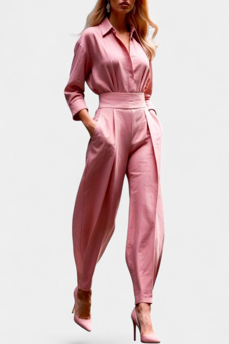 Button Up Shirt and Pleated Trouser Set for Women