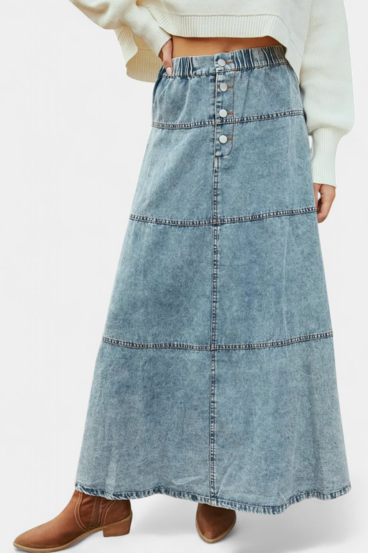 Long Denim Skirt with Feather Trim Detail