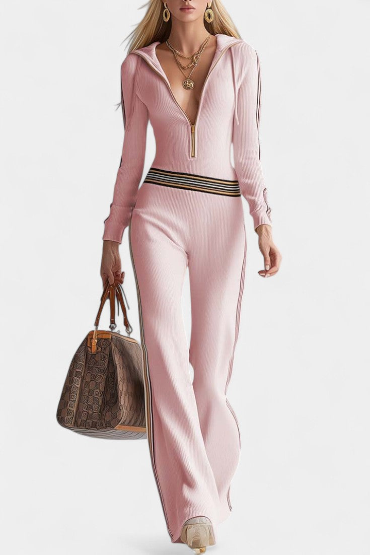 Hooded Knit Jumpsuit with Contrast Stripes and Zipper Detail