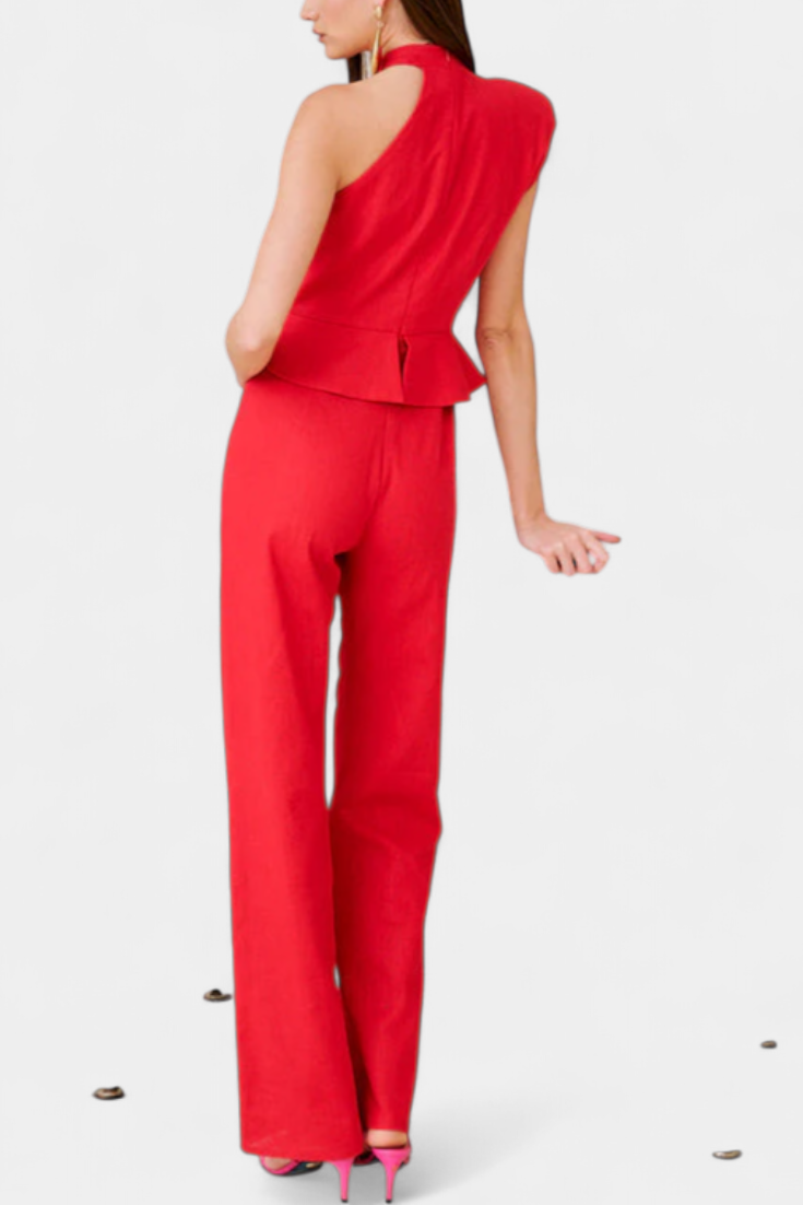 Linen Jumpsuit Women Asymmetrical Shoulder Summer Outfit