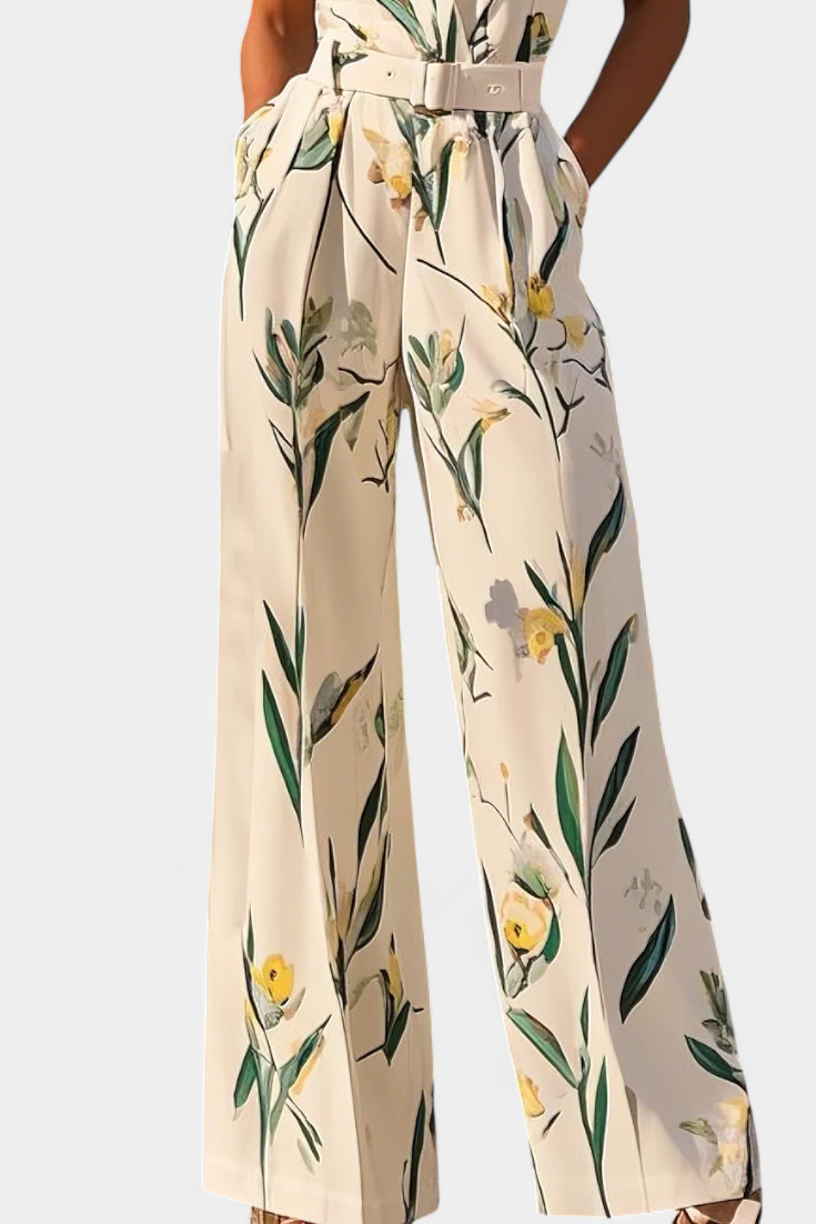 White V-Neck Jumpsuit with Belt - Elegant Summer Outfit