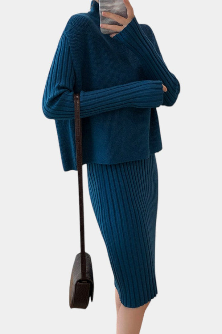 Two Piece Knit Set for Women - Long Sleeve Top and Midi Skirt