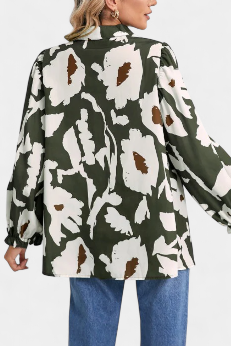 Puff Sleeve Blouse with Abstract Floral Print - Relaxed Fit Top