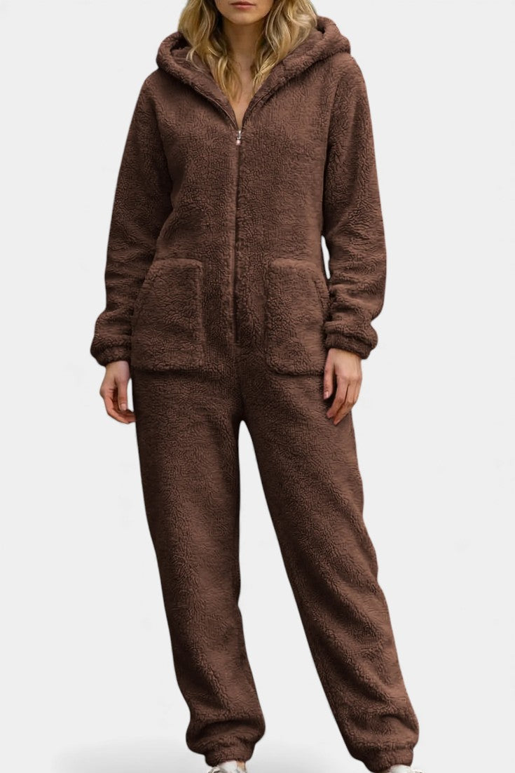Hooded Plush Jumpsuit with Zip Front for Women