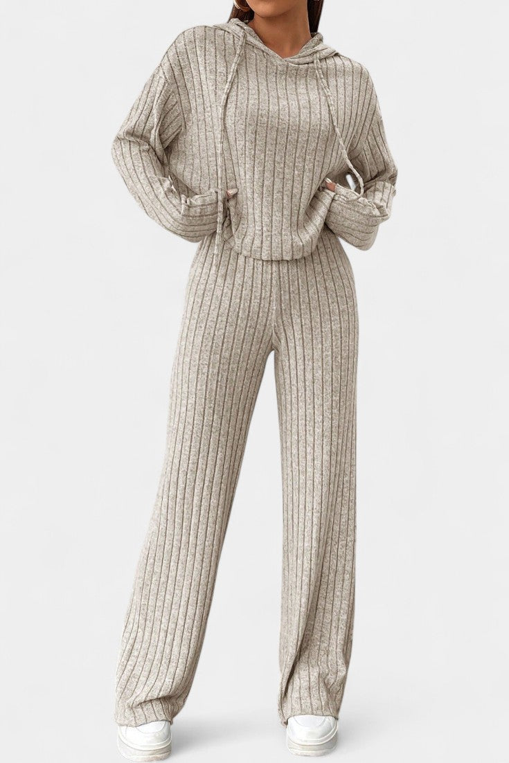Striped Knit Hoodie and Pants Set - Comfortable Loungewear