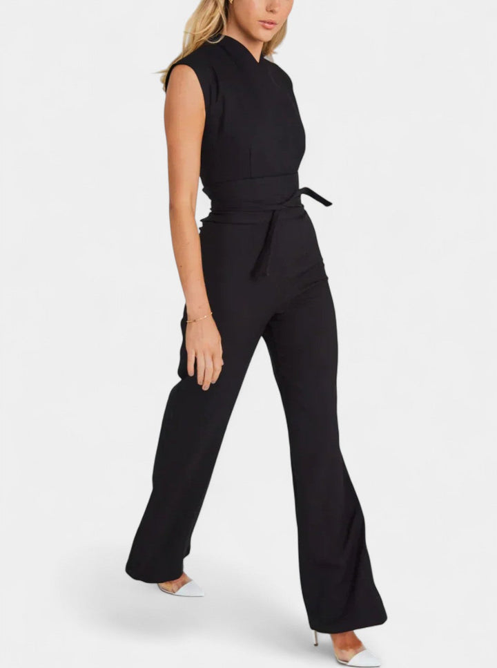 Sleeveless Jumpsuit with High Neck and Wide Leg Flare