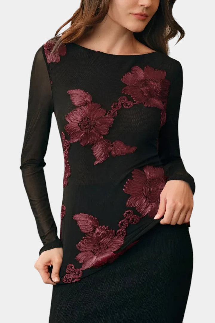 Floral Textured Blouse with Boat Neck - Long Sleeve Top for Women