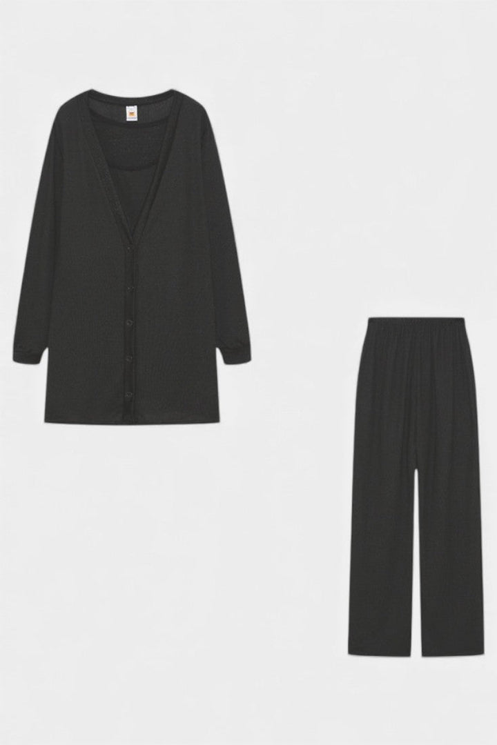 Cozy Knit Three Piece Set - Cardigan Top and Pants Lounge Set