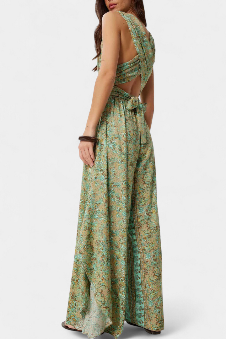 Floral Wrap Jumpsuit Wide Leg with Open Back for Women