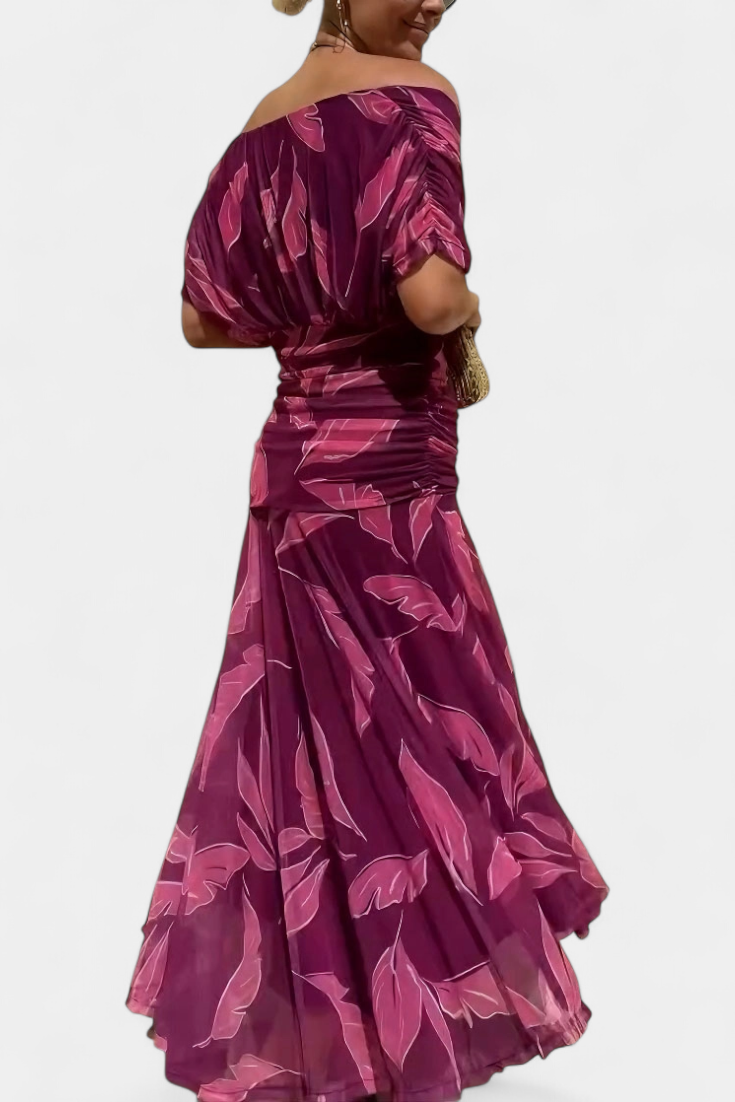 Floral V-Neck Maxi Dress with Pleated Waist - Long Sleeve