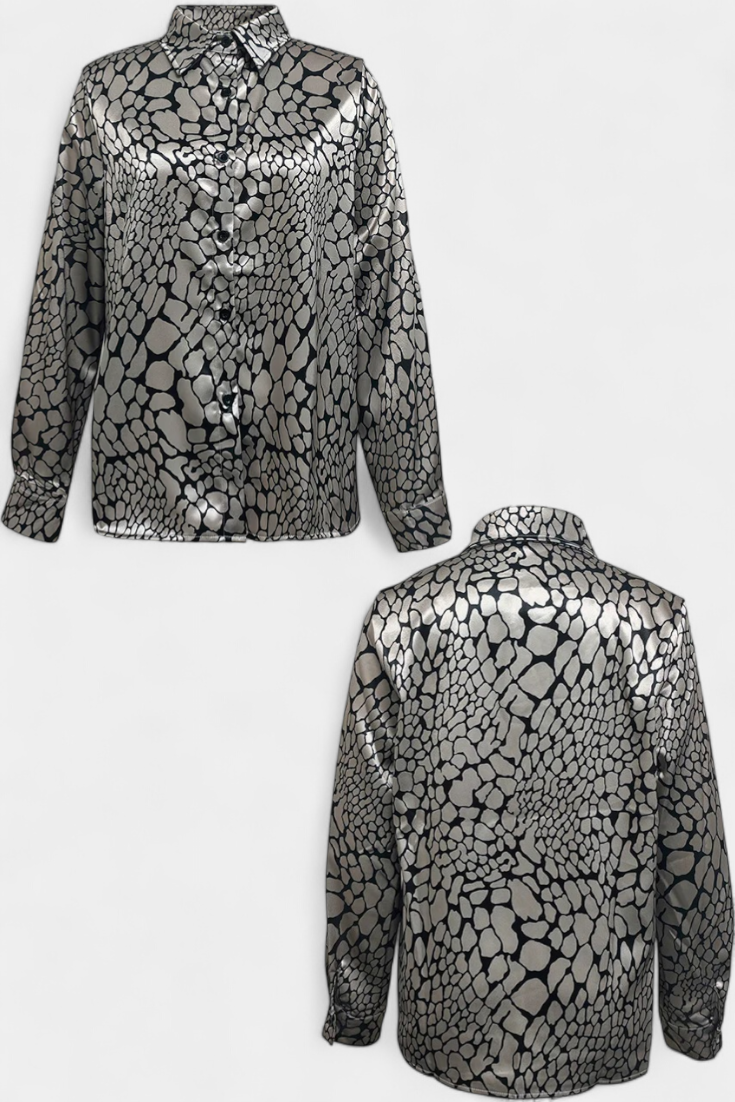 Oversized Snake Print Blouse with Button Front for Women