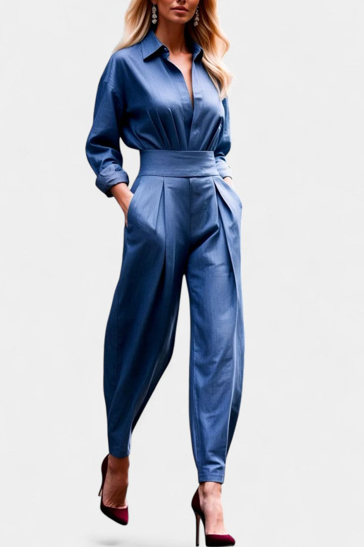 Button Up Shirt and Pleated Trouser Set for Women