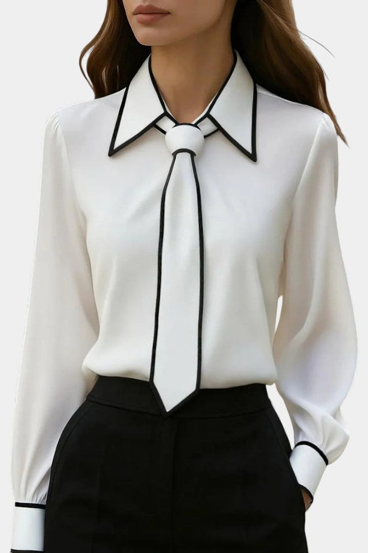 Ivory Blouse with Knotted Collar and Black Contrast Trim