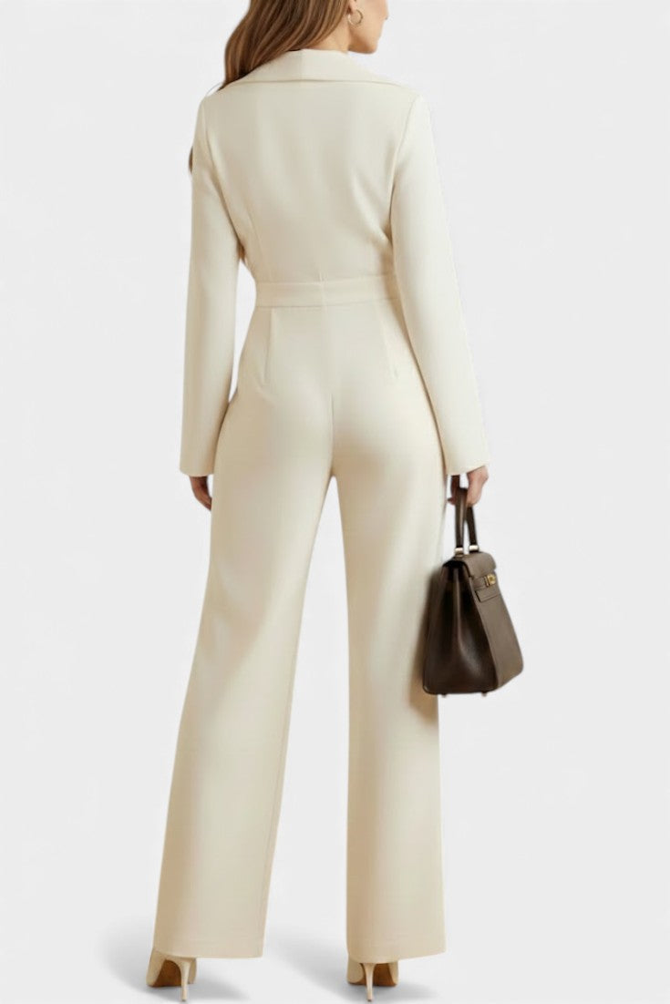 High-Waisted Jumpsuit with Pockets - Long Sleeve Cotton Blend