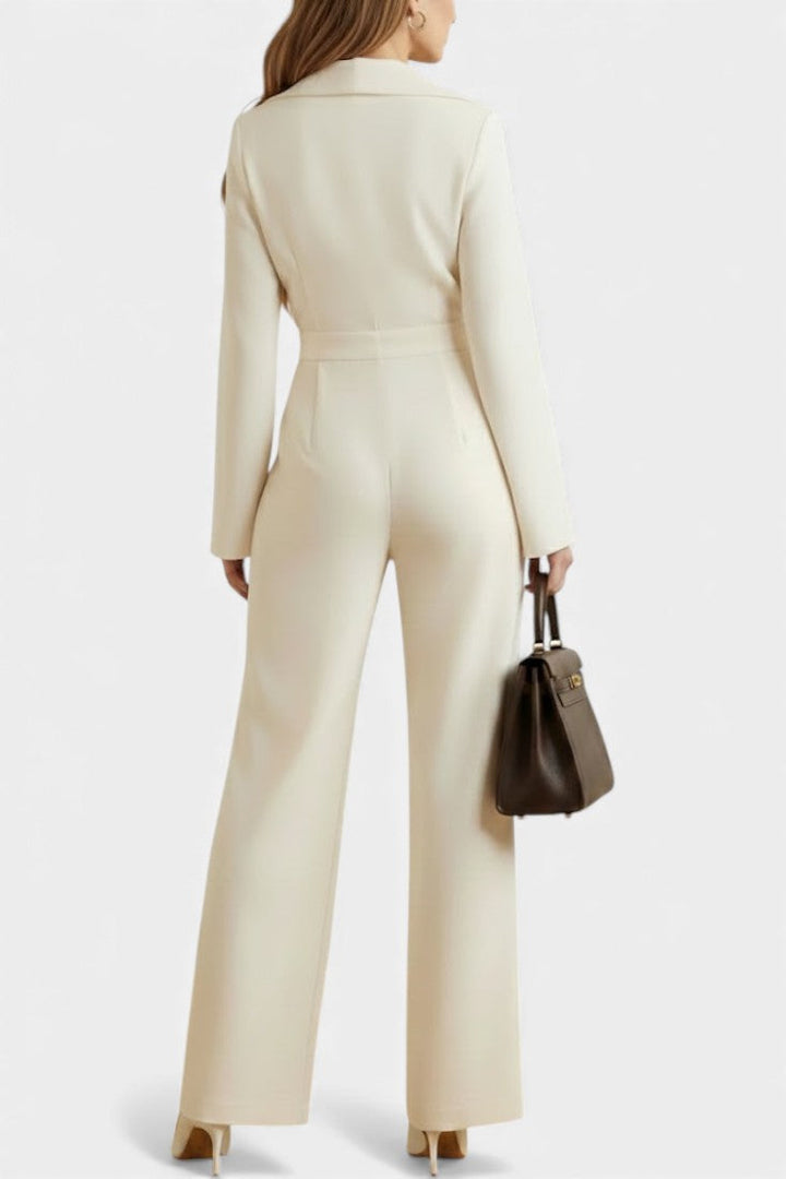 High-Waisted Jumpsuit with Pockets - Long Sleeve Cotton Blend