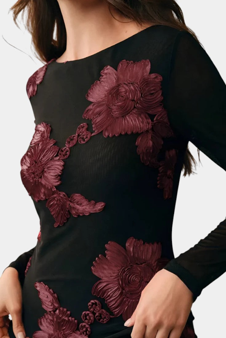 Floral Textured Blouse with Boat Neck - Long Sleeve Top for Women