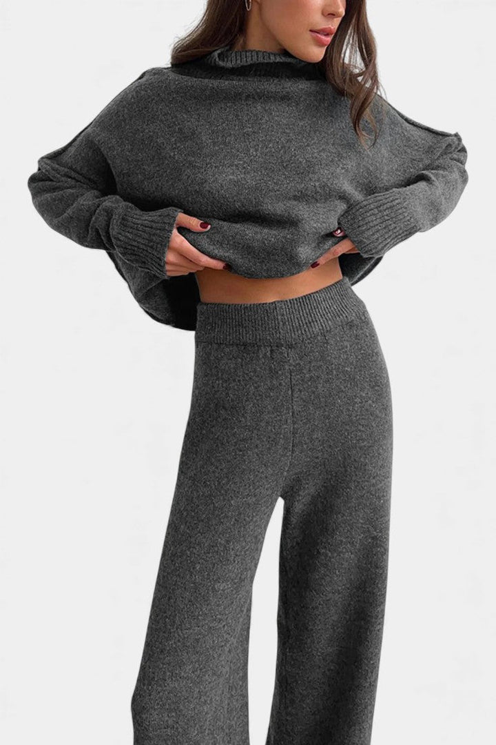 Knit Sweater and Wide Leg Pants Set - Turtleneck Two Piece Outfit