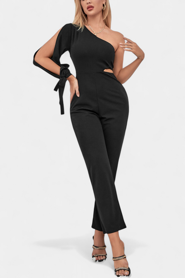 One Shoulder Jumpsuit with Knot Detail - Elegant Evening Wear
