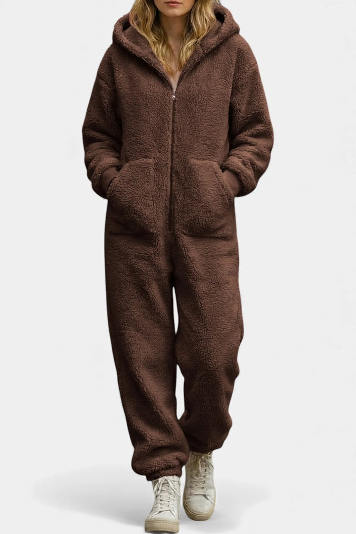 Hooded Plush Jumpsuit with Zip Front for Women