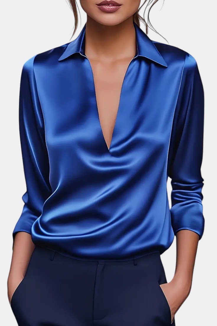Silver Satin Blouse with Plunging Neckline - Elegant Loose Fit Top
