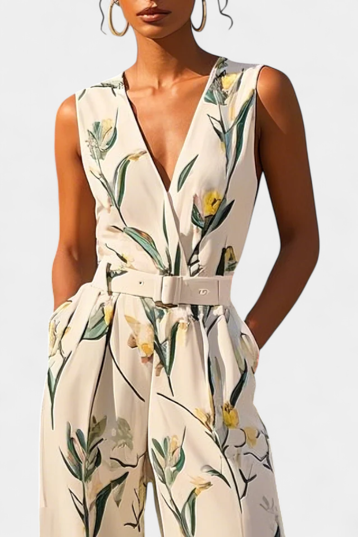 White V-Neck Jumpsuit with Belt - Elegant Summer Outfit