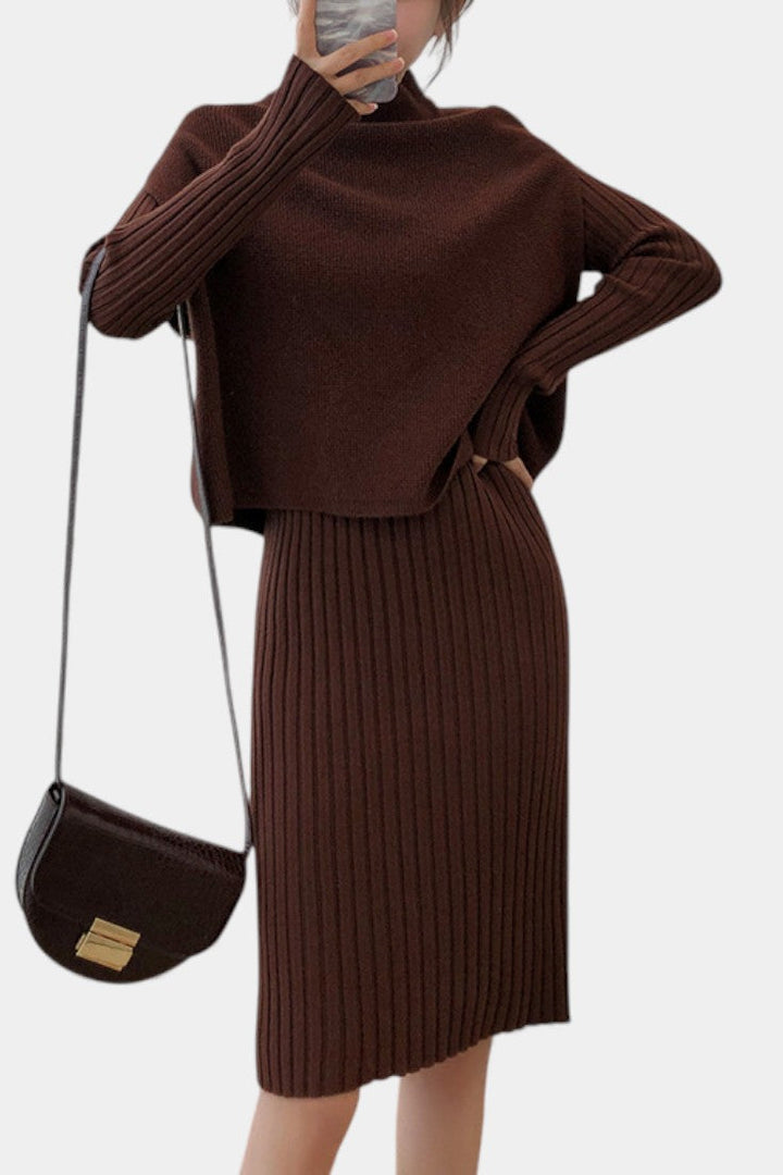 Two Piece Knit Set for Women - Long Sleeve Top and Midi Skirt