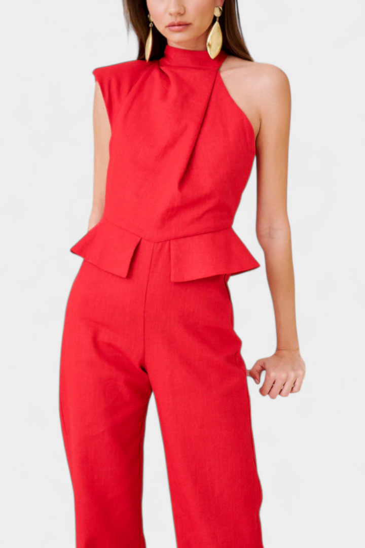 Linen Jumpsuit Women Asymmetrical Shoulder Summer Outfit
