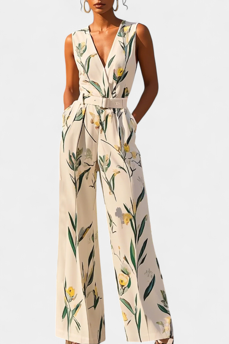 White V-Neck Jumpsuit with Belt - Elegant Summer Outfit