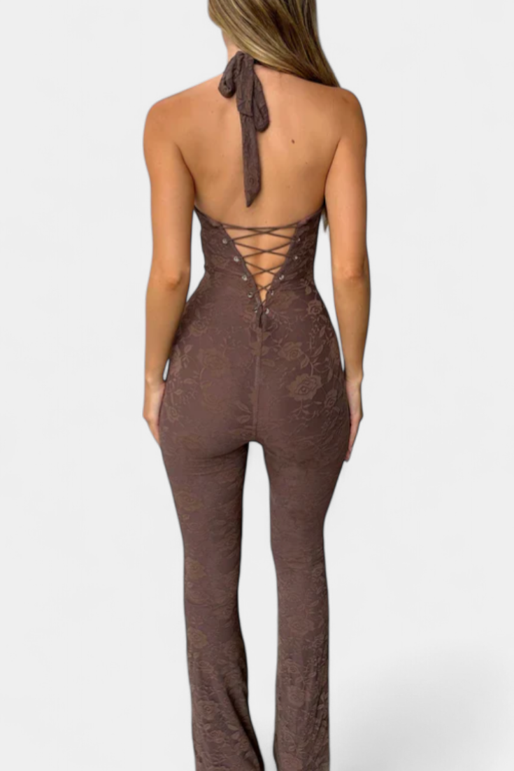 Floral Lace Halter Jumpsuit with Open Back and Flared Leg