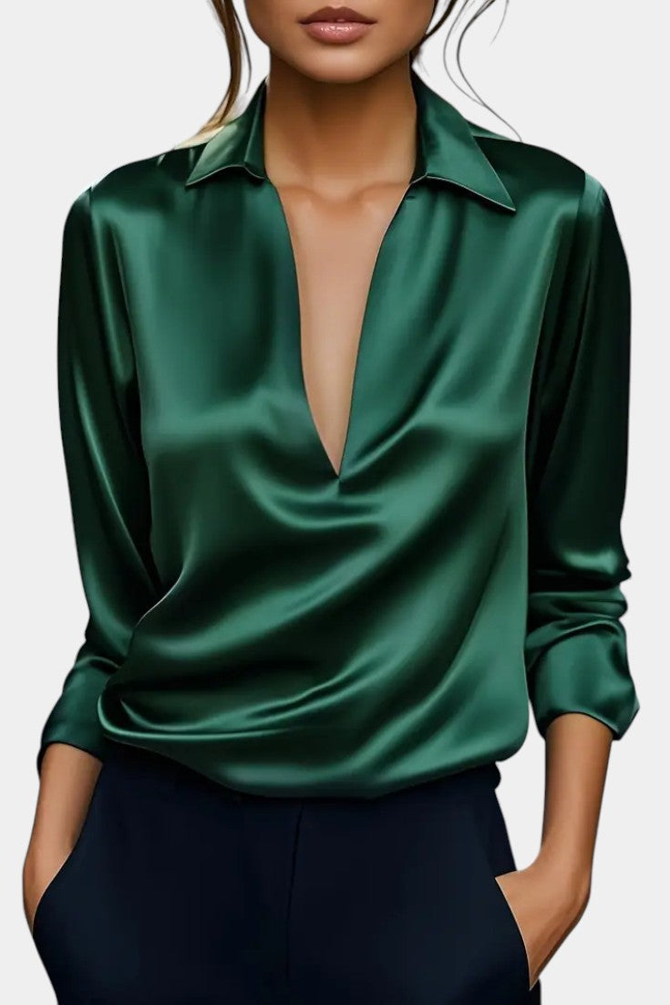 Silver Satin Blouse with Plunging Neckline - Elegant Loose Fit Top