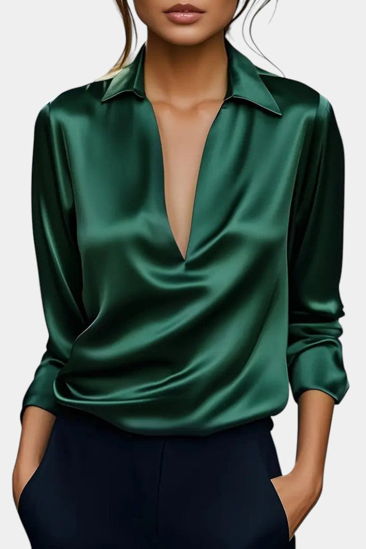 Silver Satin Blouse with Plunging Neckline - Elegant Loose Fit Top