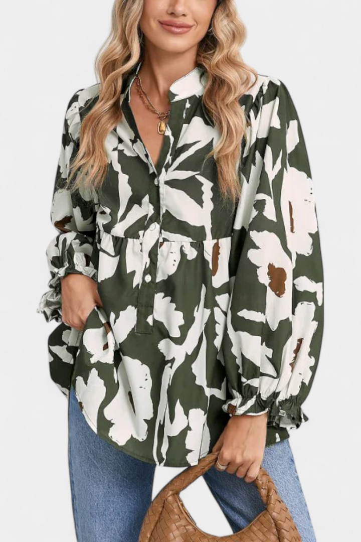 Puff Sleeve Blouse with Abstract Floral Print - Relaxed Fit Top