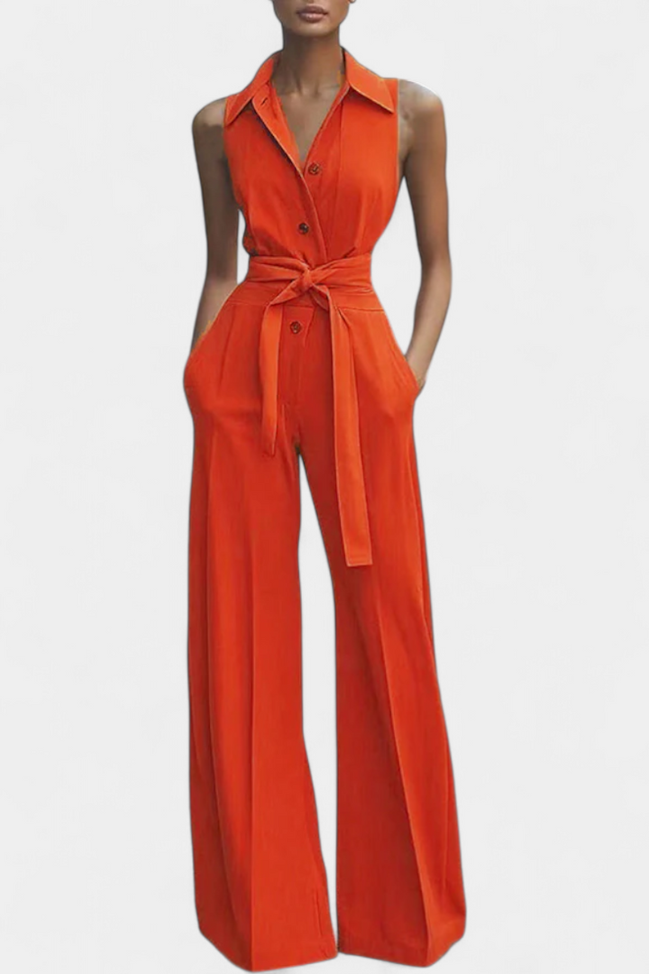 Sleeveless Wide Leg Jumpsuit with Structured Lapel