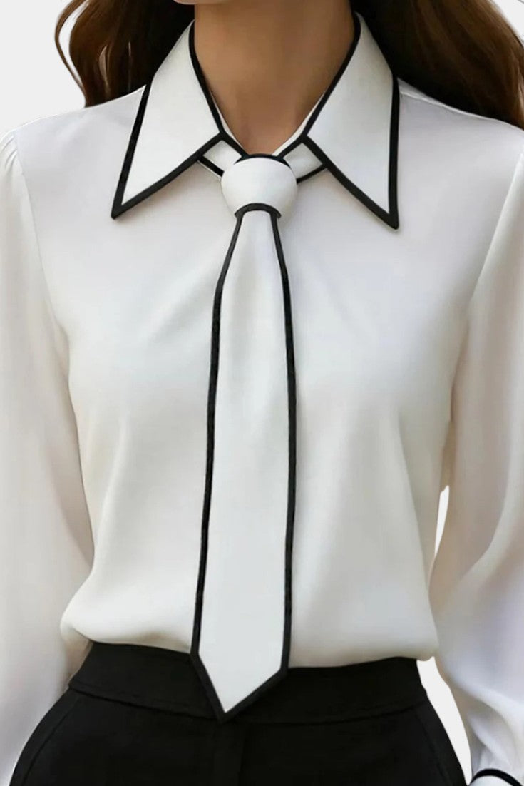 Ivory Blouse with Knotted Collar and Black Contrast Trim