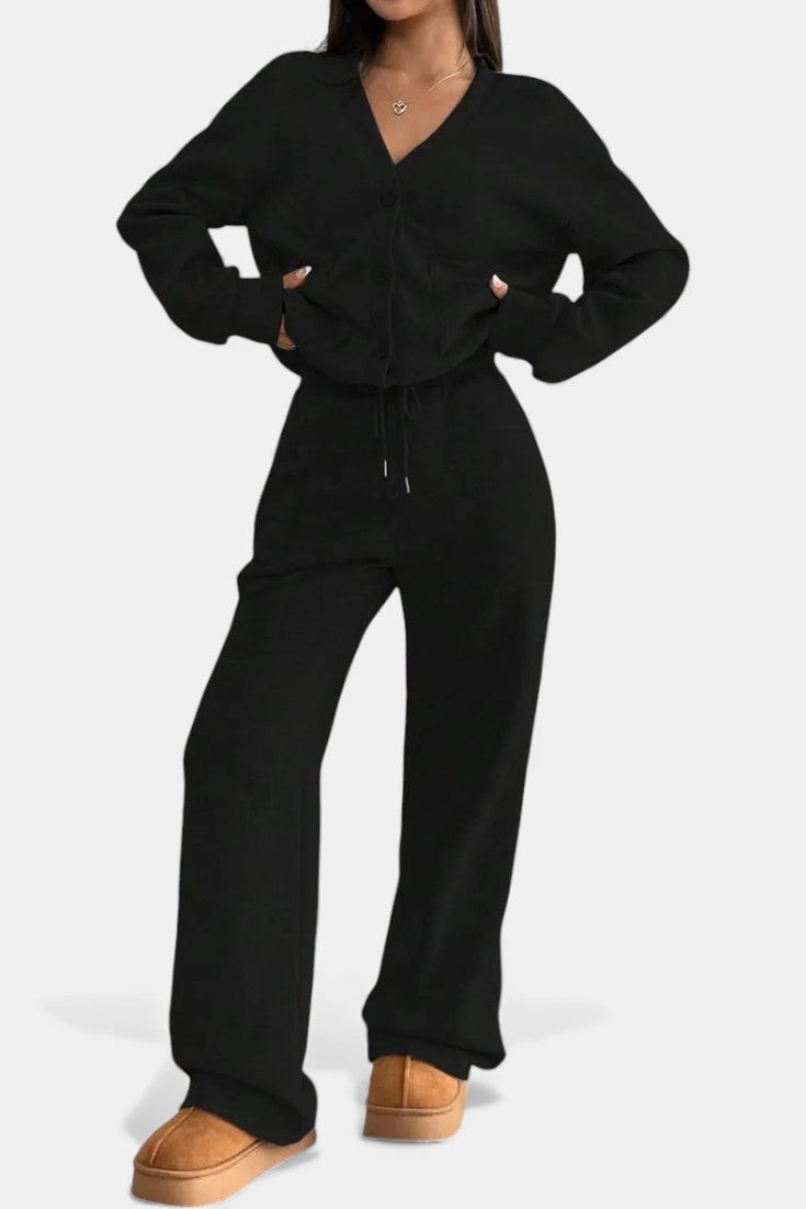 Cardigan Jacket and Wide Leg Pants Set - Two Piece Loungewear Outfit