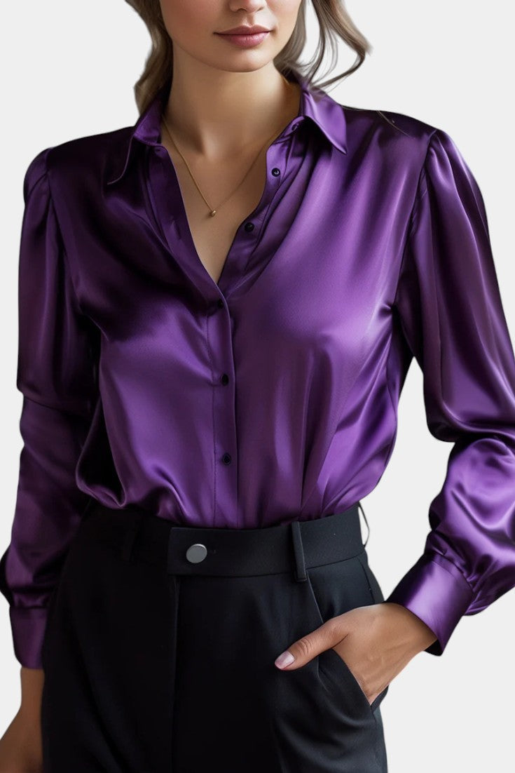 Satin Blouse Long Sleeve Black Elegant Work Shirt for Women
