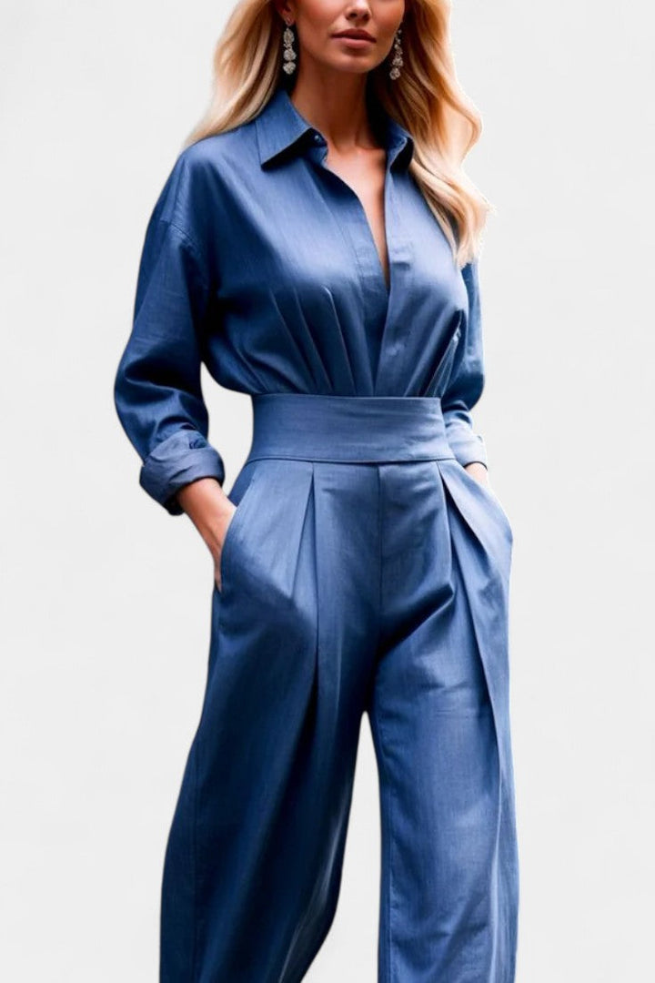 Button Up Shirt and Pleated Trouser Set for Women