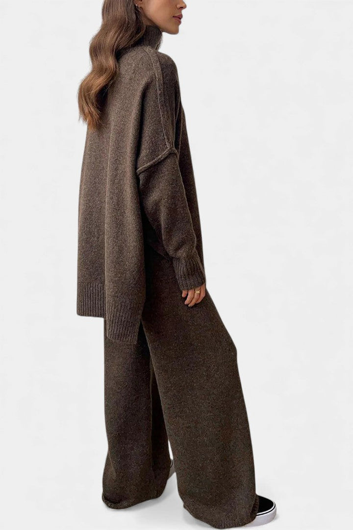 Knit Sweater and Wide Leg Pants Set - Turtleneck Two Piece Outfit