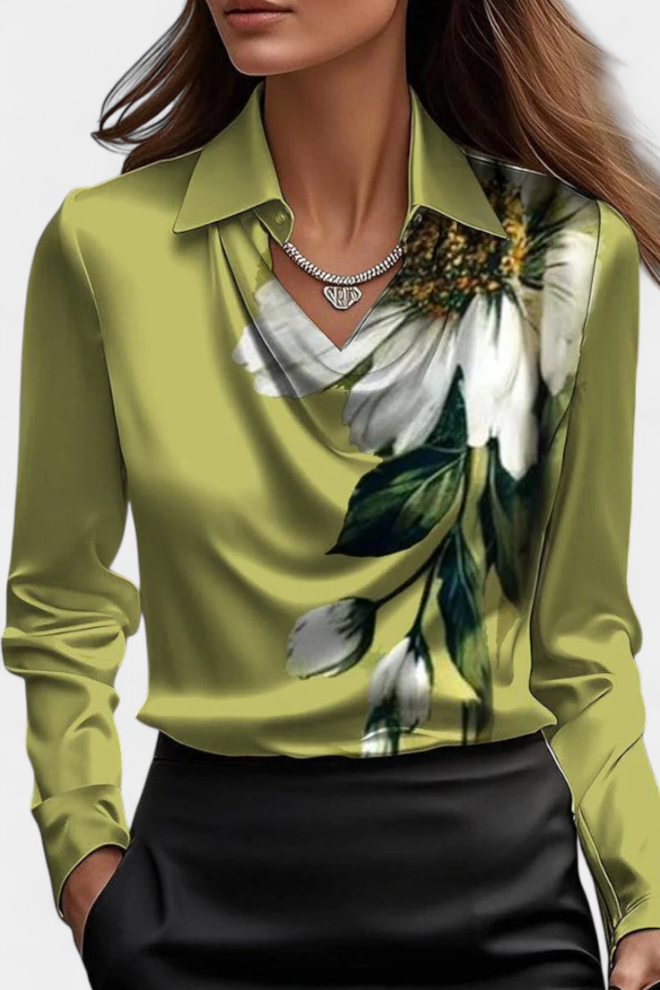 Satin Blouse with Cascade Neckline for Women - Elegant Workwear